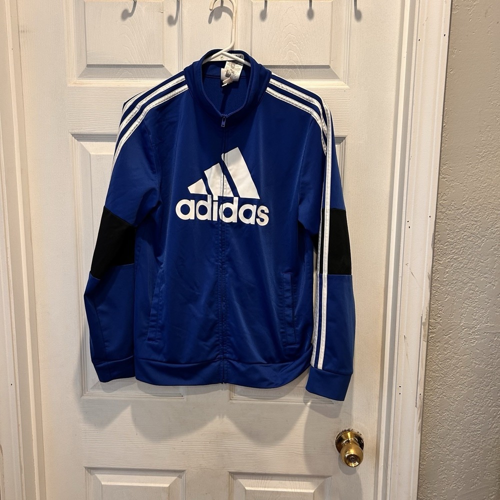 Kids Adidas Track Jacket Blue White Logo Full Zip Athletic Size XL Soccer